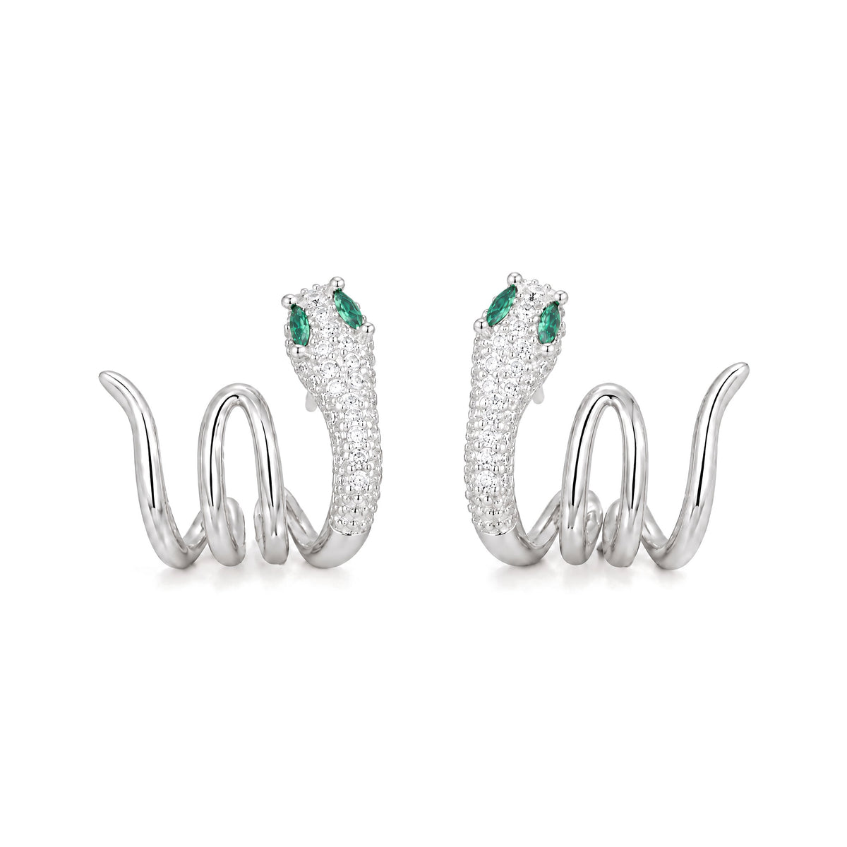 925 Sterling Silver Green-eyed Snake Earrings for Harmony, Green-eyed Snake White Gold, on a white background