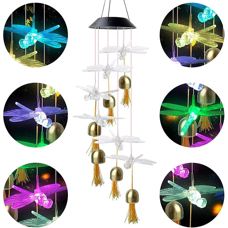 Solar Dragonfly Wind Chime with LED lights and brass bells for outdoor decor