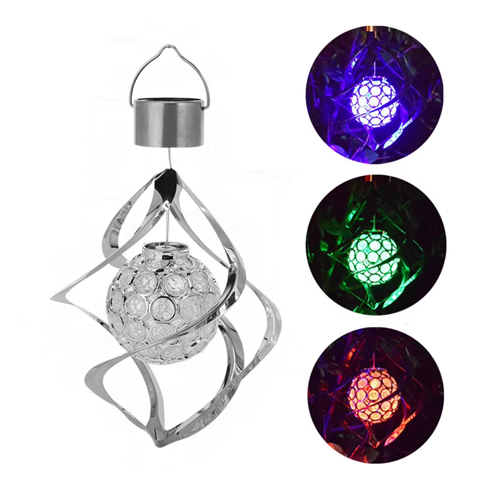 Solar-powered spiral wind spinner with color-changing LED crystal ball for outdoor decor