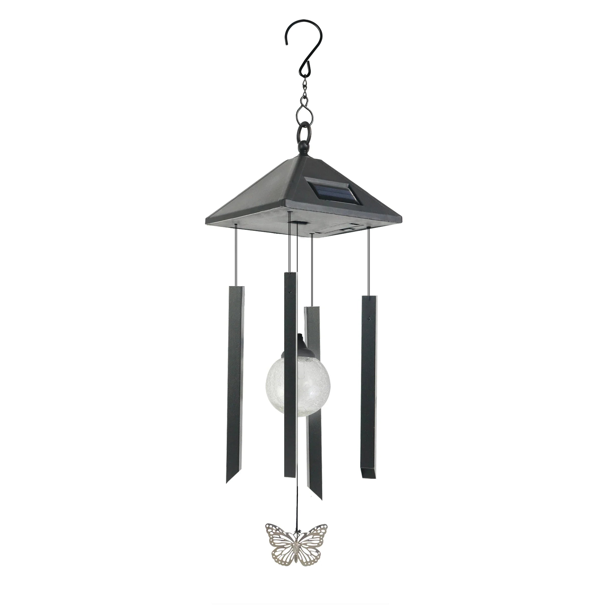 Solar LED Wind Chimes featuring metal tubes, glass orb, and butterfly ornament