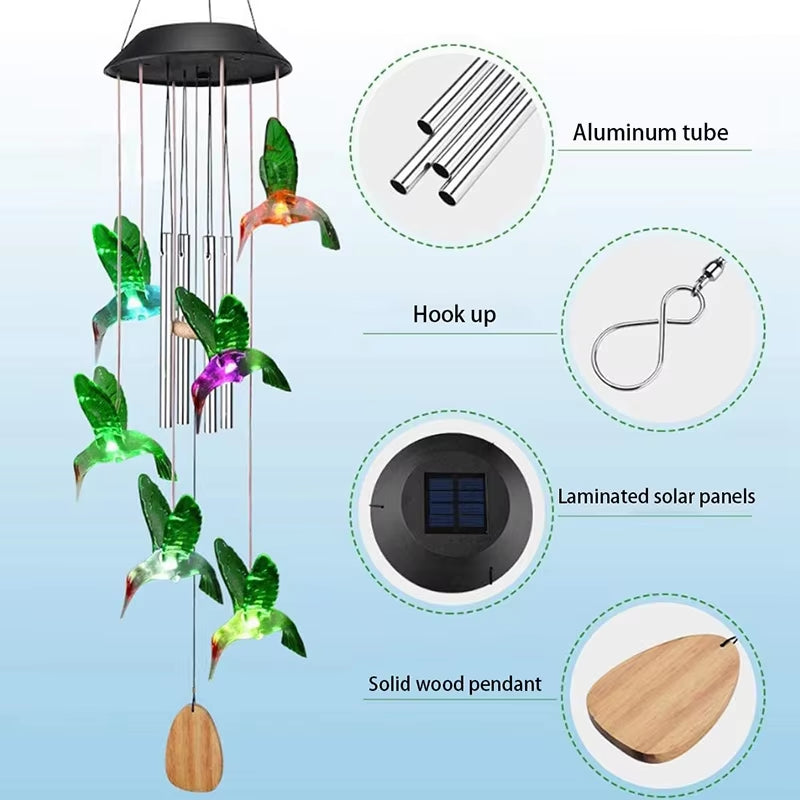 Solar-powered hummingbird wind chime with green leaves and wooden pendant design