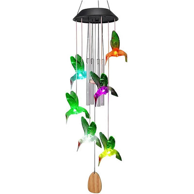 Solar-powered wind chime featuring color-changing hummingbird decorations
