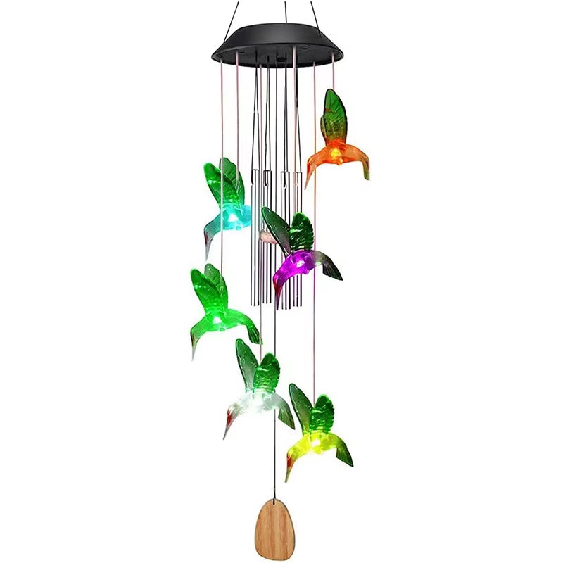 Solar-powered wind chime featuring color-changing hummingbird decorations