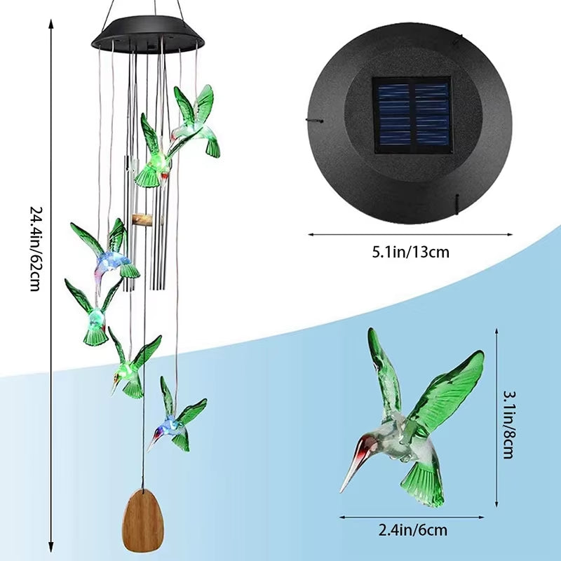 Solar Wind Chimes featuring decorative green hummingbird ornaments and LED lights