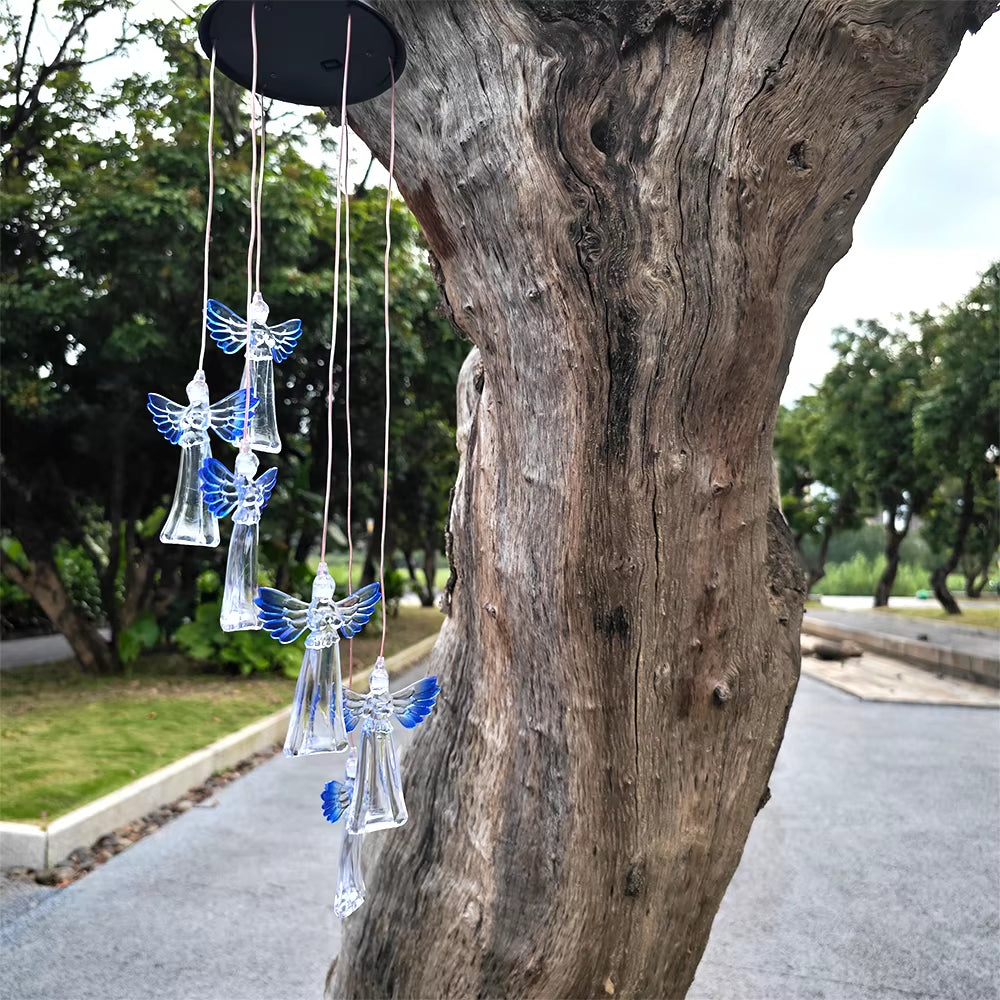 Blue and clear glass angel wind chimes hanging, perfect for Solar Wind Chimes gift