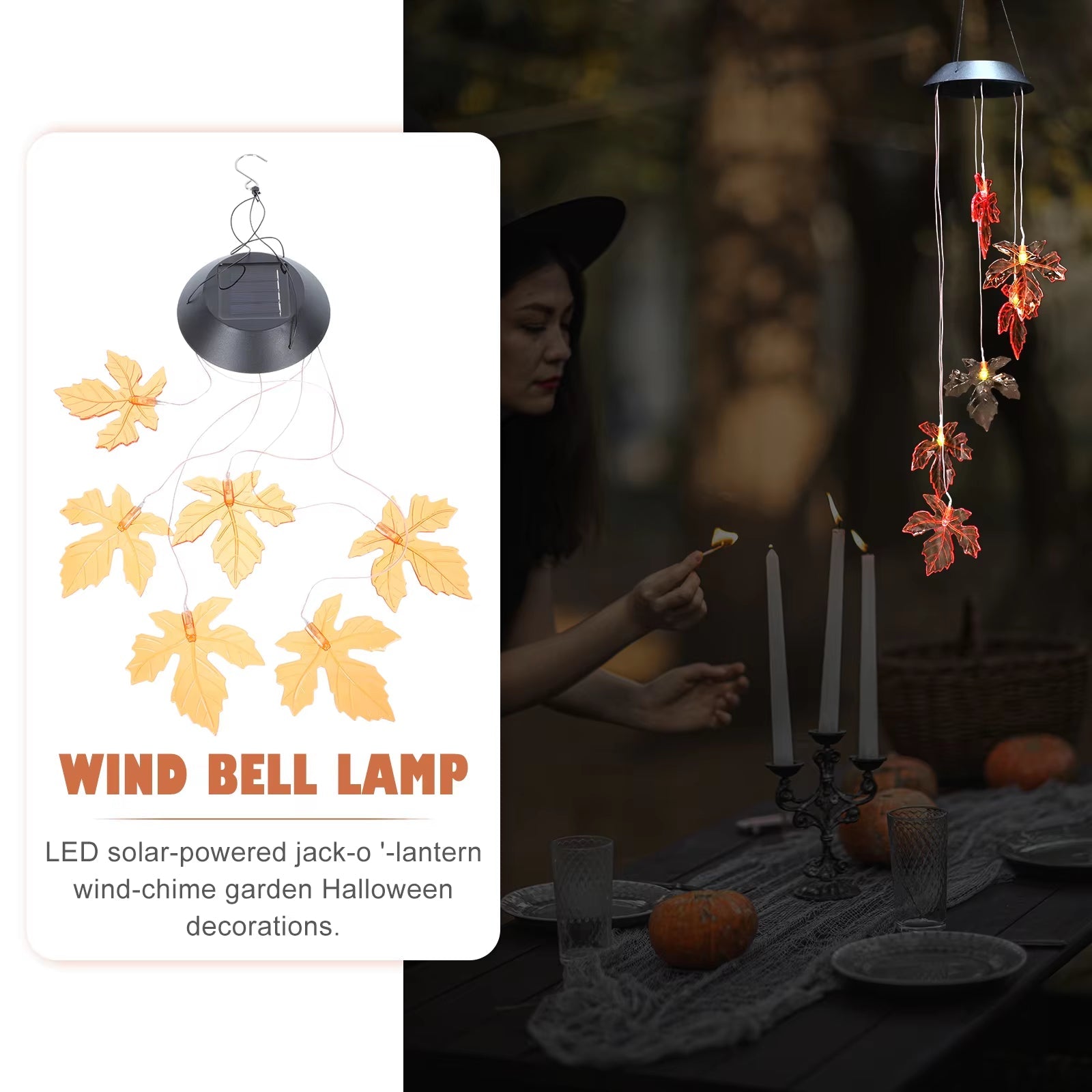 Solar-powered wind chime with LED lights and autumn leaves in Halloween Pumpkin design