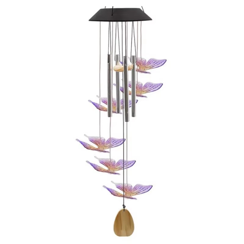 Solar Wind Chimes with Metallic Tubes and Purple Butterfly Ornaments for Outdoor Decor