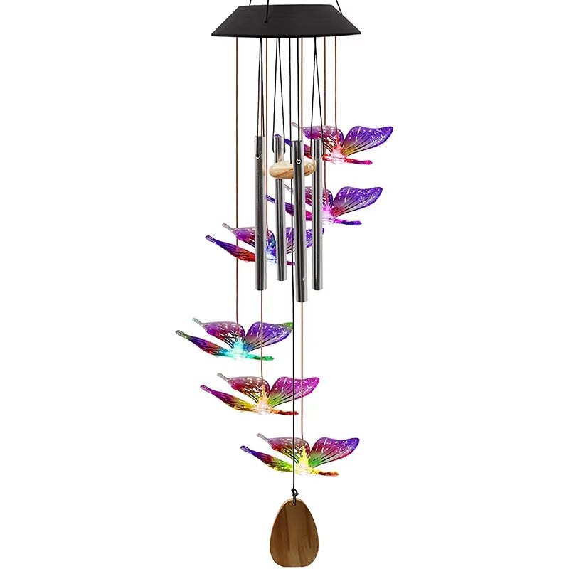 Decorative Solar Wind Chime with Metallic Tubes and Colorful Butterfly Ornaments