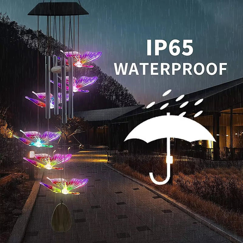 Color-changing LED butterfly wind chime with IP65 waterproof rating for outdoor decor