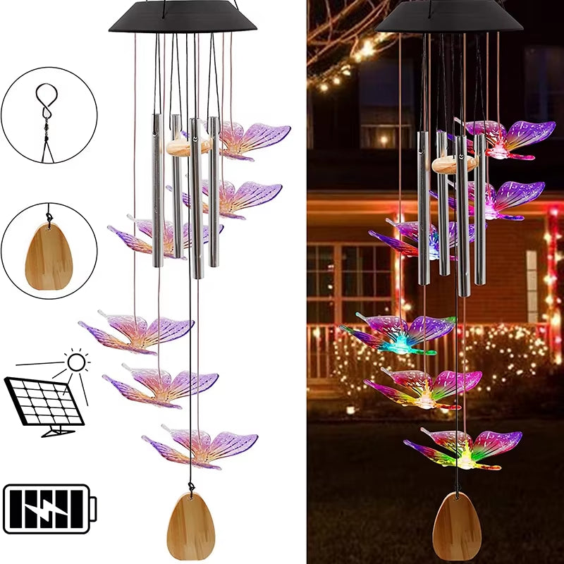 Solar Wind Chimes with illuminated butterfly decorations and black cap for outdoor decor