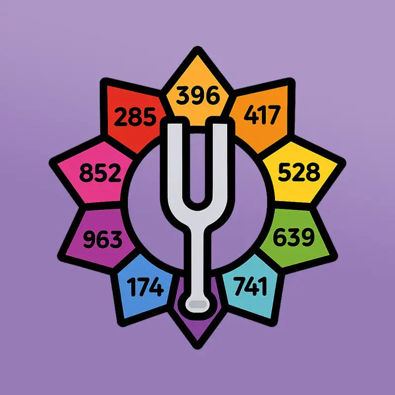 A stylized white tuning fork centered within a colorful, multi-pointed starburst design featuring rainbow-hued segments with numerical values.