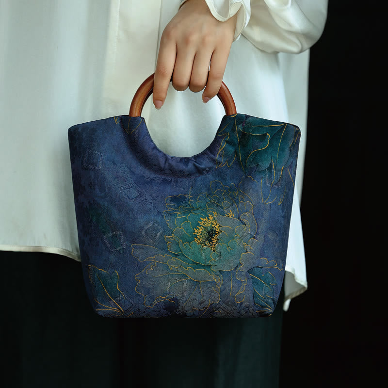 Sac à main bleu-violet avec poignée en bois massif et motif pivoine et oiseau en bambou