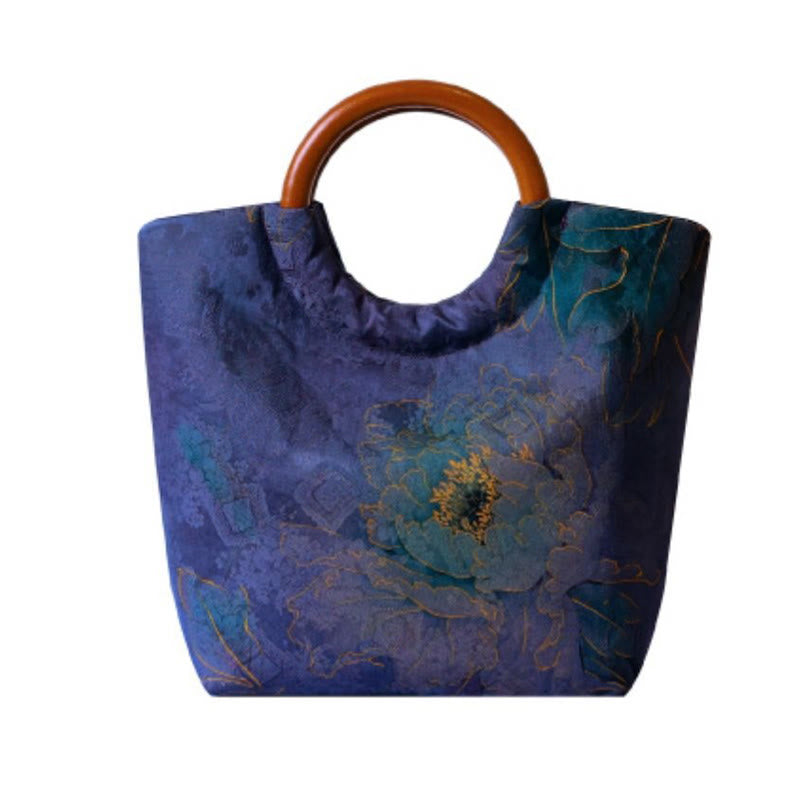 Sac à main bleu-violet avec poignée en bois massif et motif pivoine et oiseau en bambou