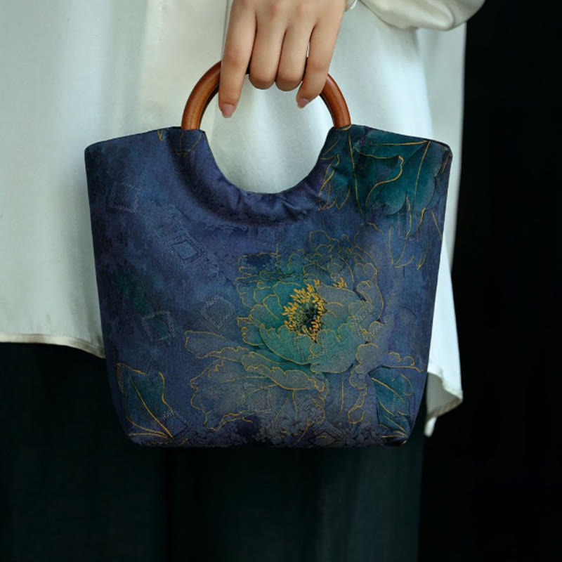 Sac à main bleu-violet avec poignée en bois massif et motif pivoine et oiseau en bambou
