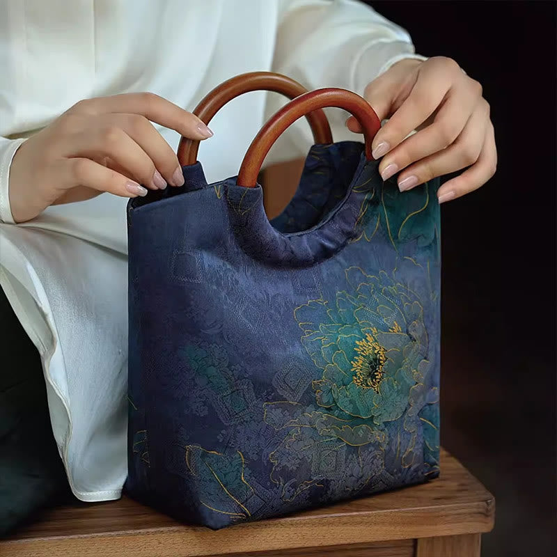 Sac à main bleu-violet avec poignée en bois massif et motif pivoine et oiseau en bambou