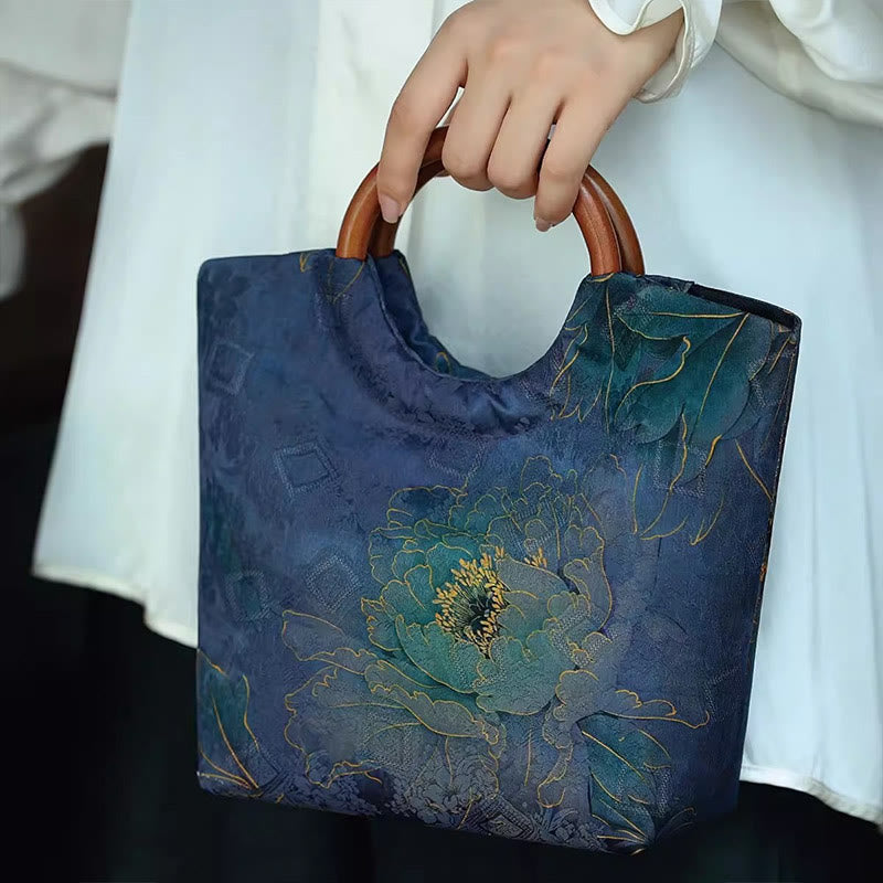 Sac à main bleu-violet avec poignée en bois massif et motif pivoine et oiseau en bambou