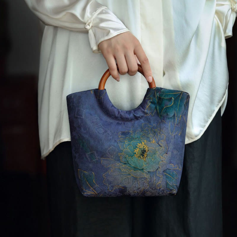 Sac à main bleu-violet avec poignée en bois massif et motif pivoine et oiseau en bambou