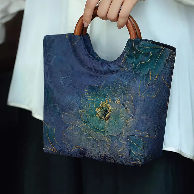 Sac à main bleu-violet avec poignée en bois massif et motif pivoine et oiseau en bambou