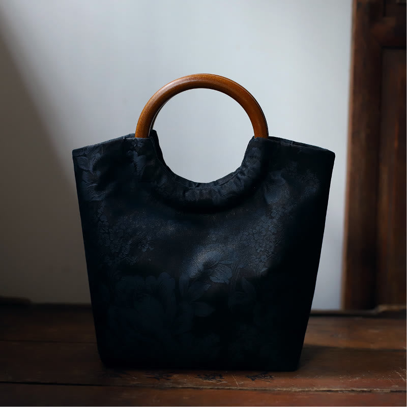 Sac à main bleu-violet avec poignée en bois massif et motif pivoine et oiseau en bambou