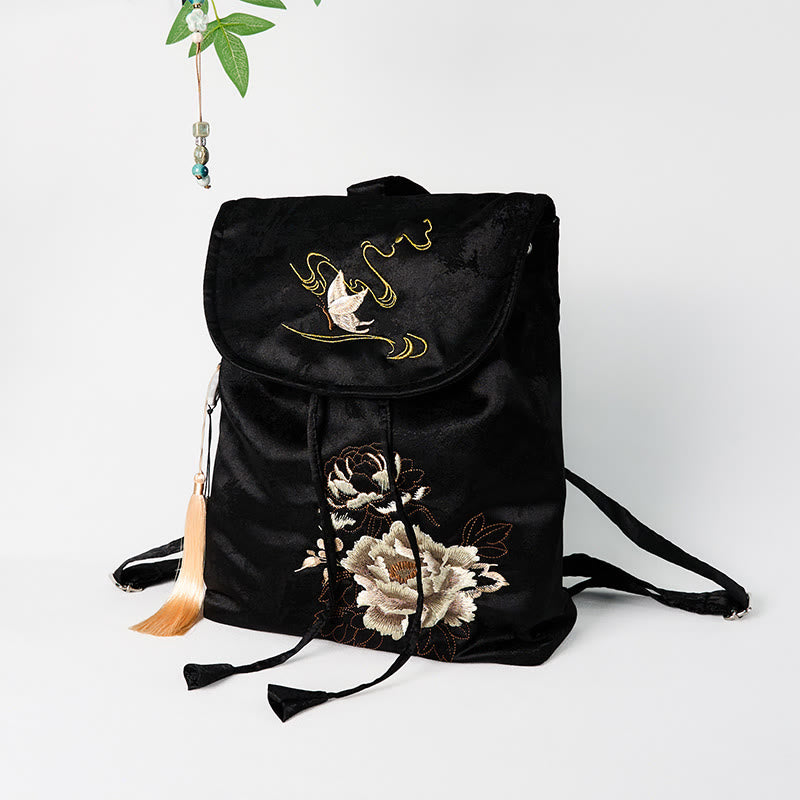 Sac à dos spacieux brodé de pivoines noires pour accessoires de méditation