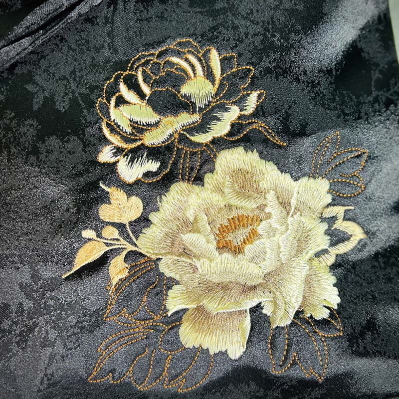Sac à dos spacieux brodé de pivoines noires pour accessoires de méditation