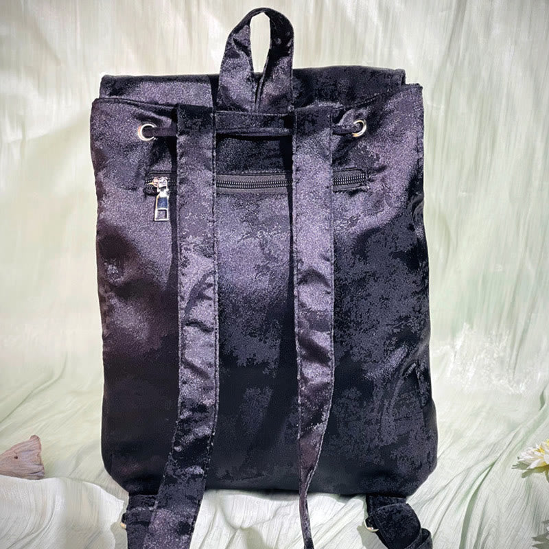 Sac à dos spacieux brodé de pivoines noires pour accessoires de méditation
