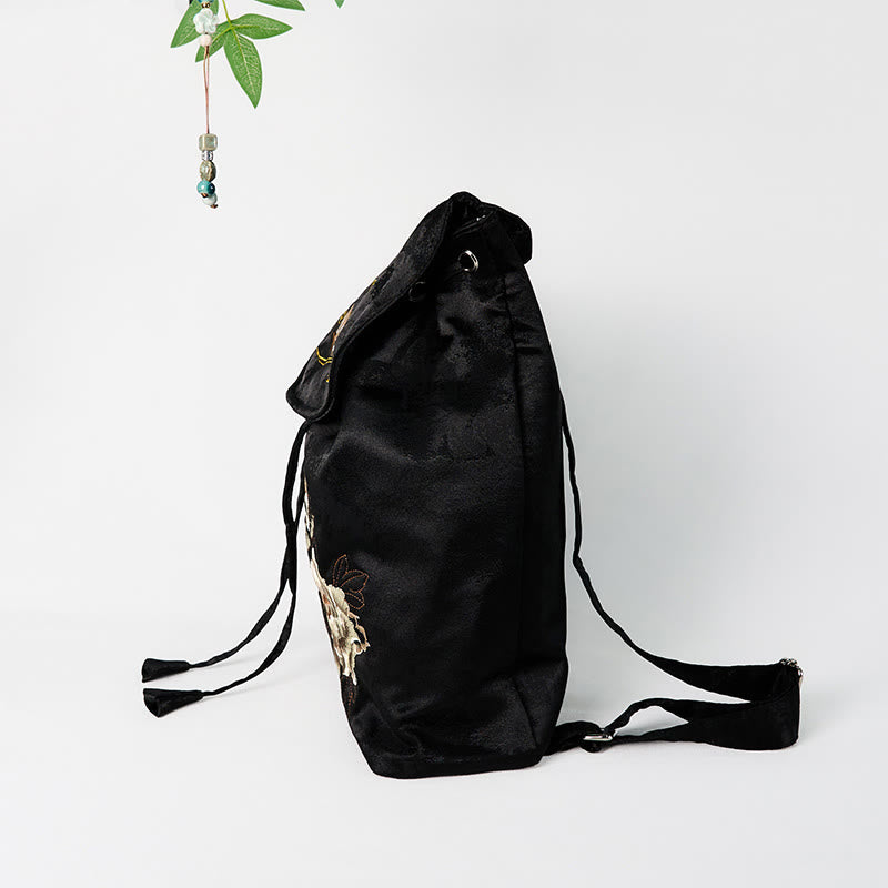 Sac à dos spacieux brodé de pivoines noires pour accessoires de méditation