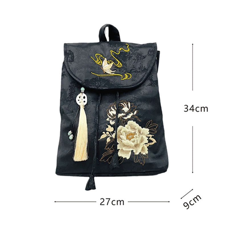 Sac à dos spacieux brodé de pivoines noires pour accessoires de méditation