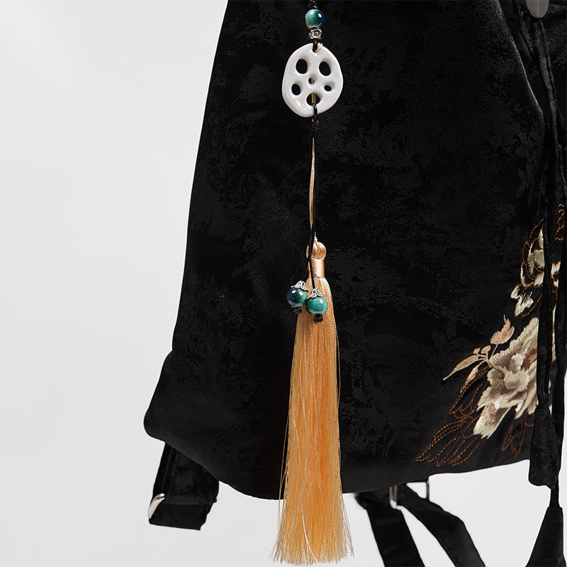 Sac à dos spacieux brodé de pivoines noires pour accessoires de méditation