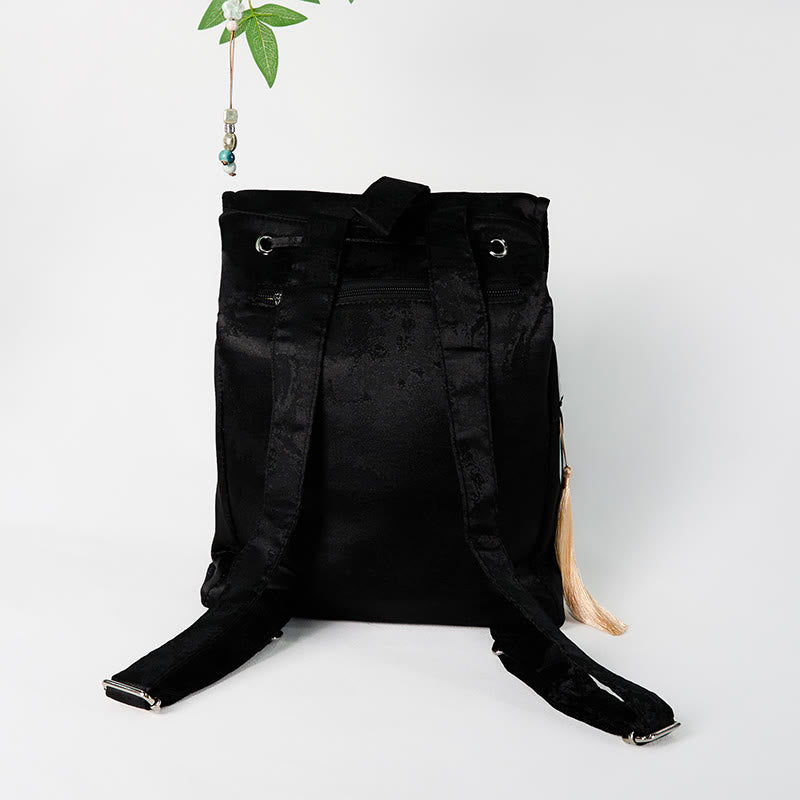 Sac à dos spacieux brodé de pivoines noires pour accessoires de méditation