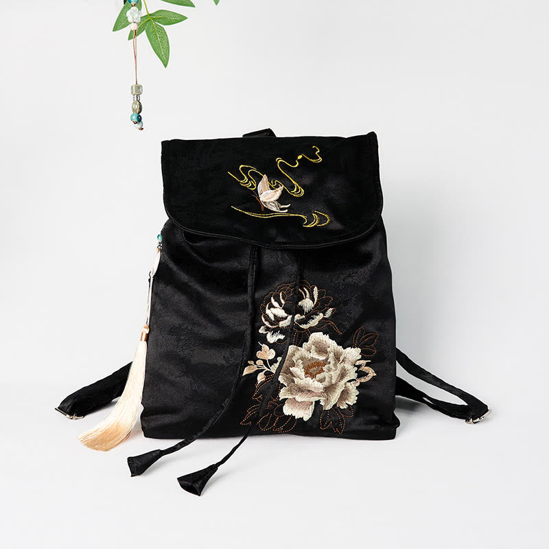 Sac à dos spacieux brodé de pivoines noires pour accessoires de méditation