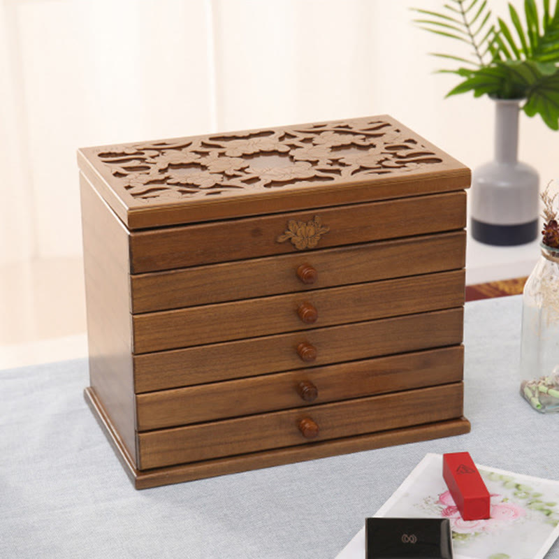 Coffret à bijoux spacieux en bois à six niveaux avec motif floral vintage