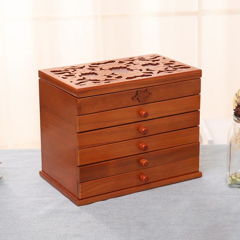 Coffret à bijoux spacieux en bois à six niveaux avec motif floral vintage