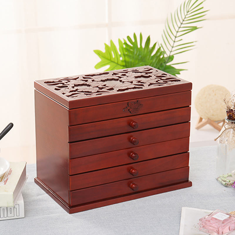 Coffret à bijoux spacieux en bois à six niveaux avec motif floral vintage