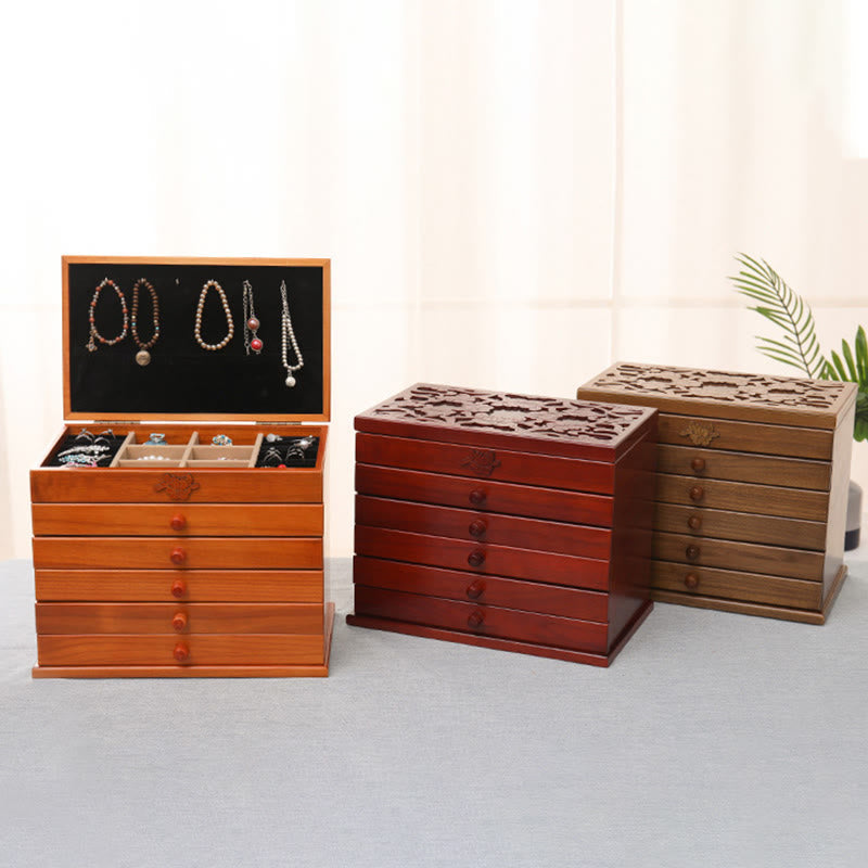 Coffret à bijoux spacieux en bois à six niveaux avec motif floral vintage