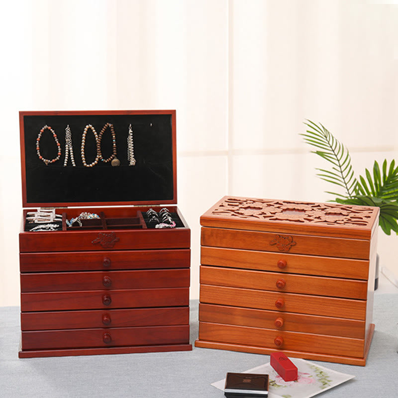 Coffret à bijoux spacieux en bois à six niveaux avec motif floral vintage