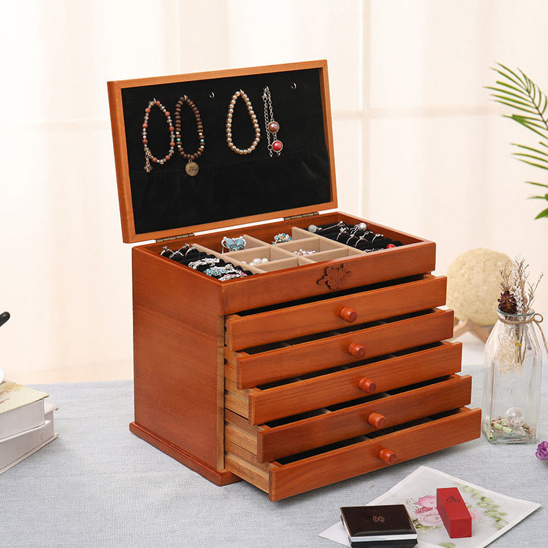 Coffret à bijoux spacieux en bois à six niveaux avec motif floral vintage
