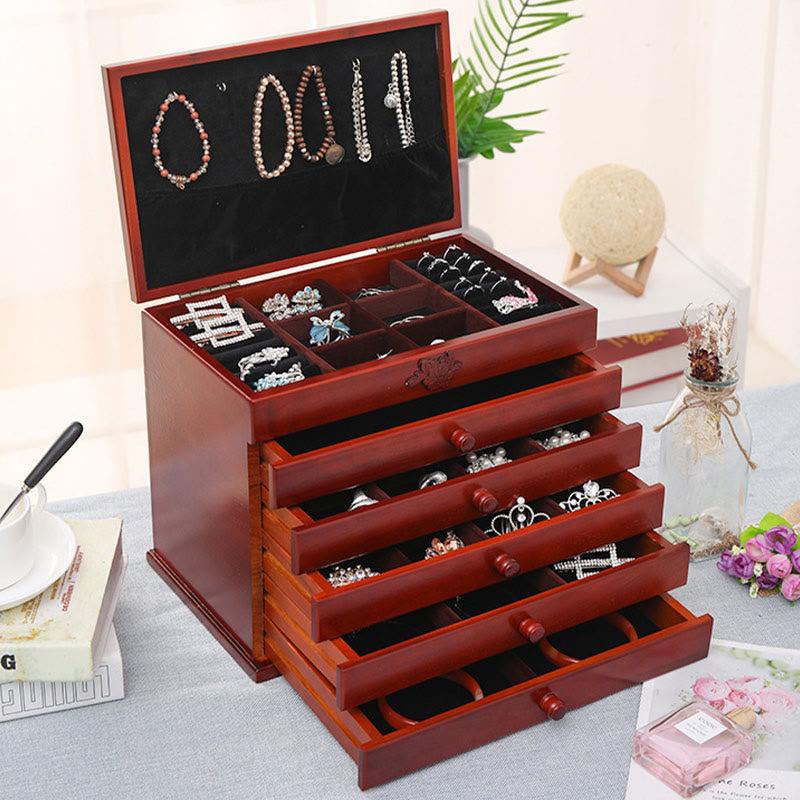 Coffret à bijoux spacieux en bois à six niveaux avec motif floral vintage