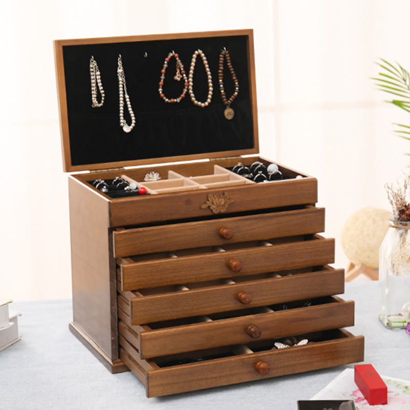 Coffret à bijoux spacieux en bois à six niveaux avec motif floral vintage