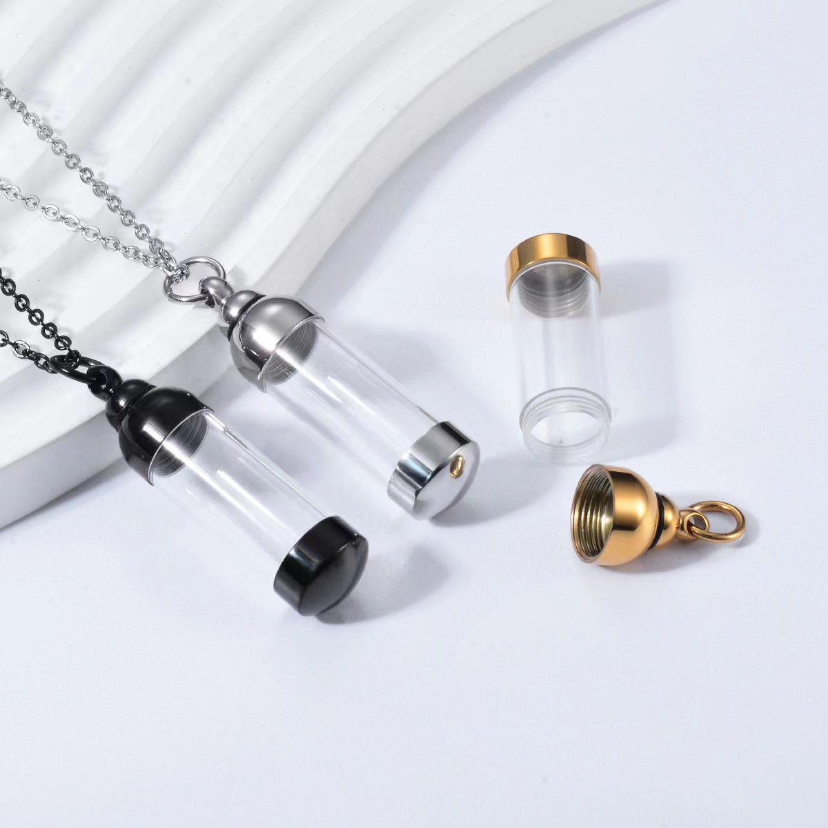 Spiritual Crystal Jar Necklace Black Gold Silver 8mm 11mm