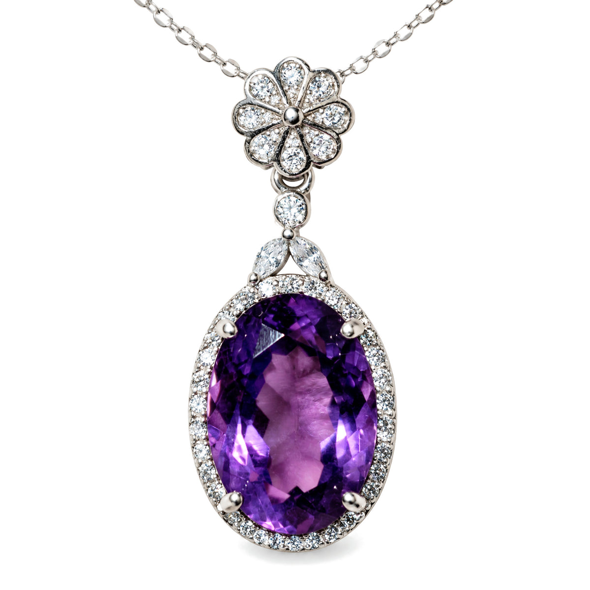 Sterling Silver Amethyst Pendant for Healing & Meditation, Amethyst, on a white background