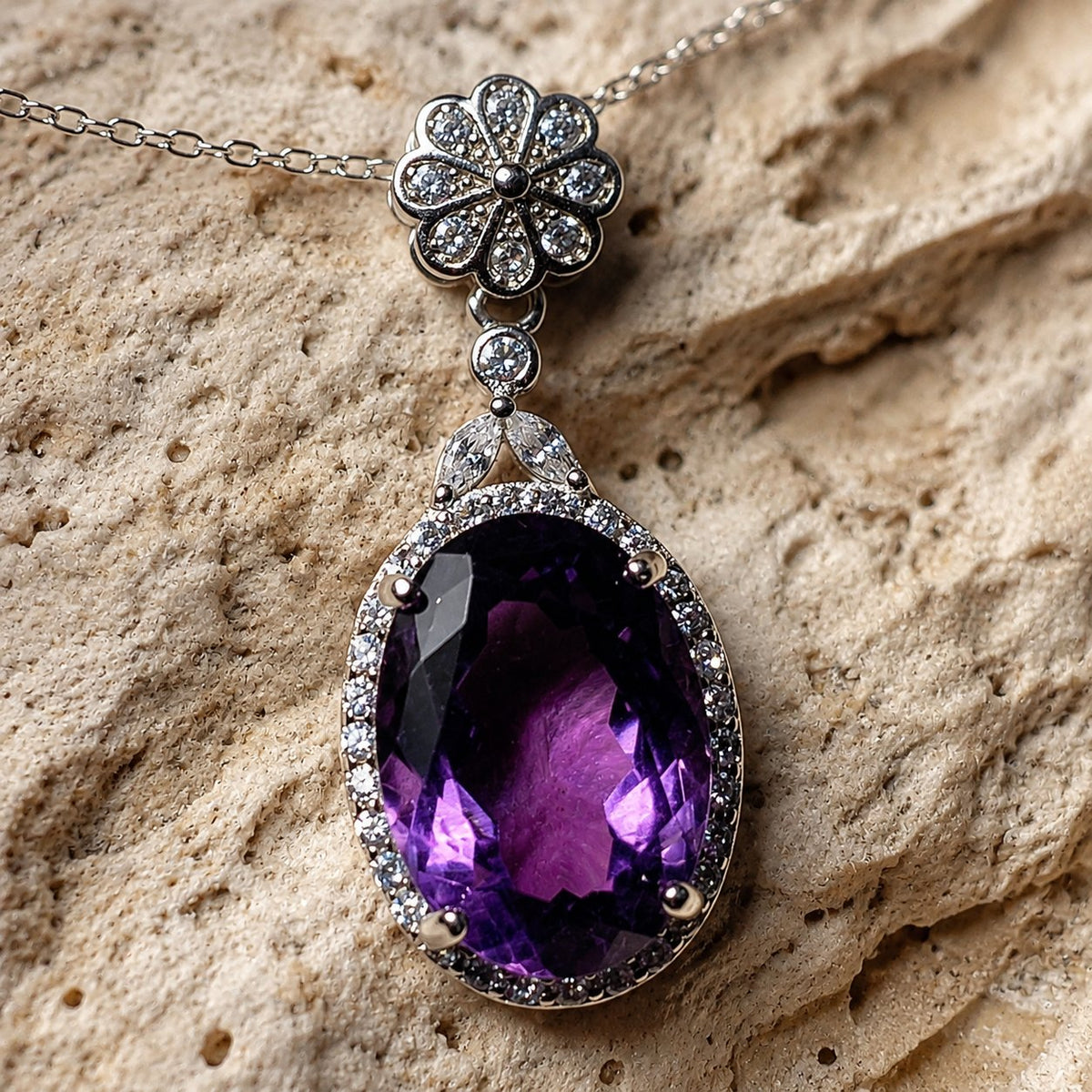 Sterling Silver Amethyst Pendant for Healing & Meditation, close-up of the material and finish
