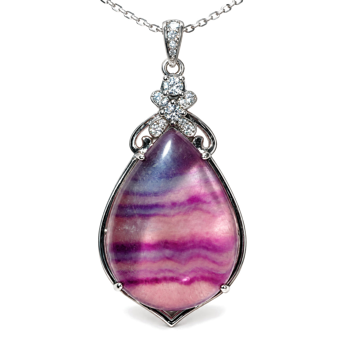 Sterling Silver Amethyst Pendant for Healing & Meditation, Fluorite, on a white background