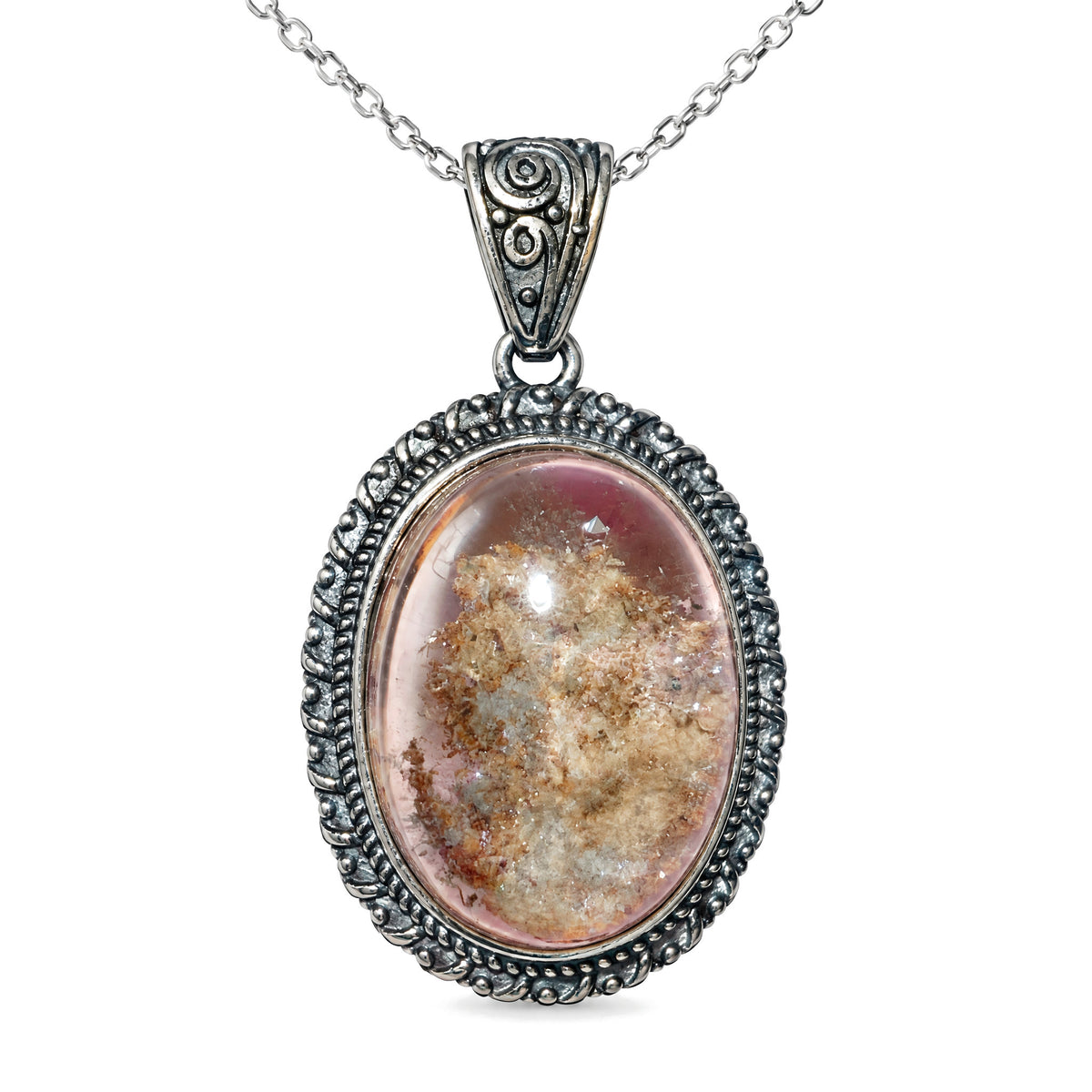 Sterling Silver Amethyst Pendant for Healing & Meditation, Garden Quartz, on a white background