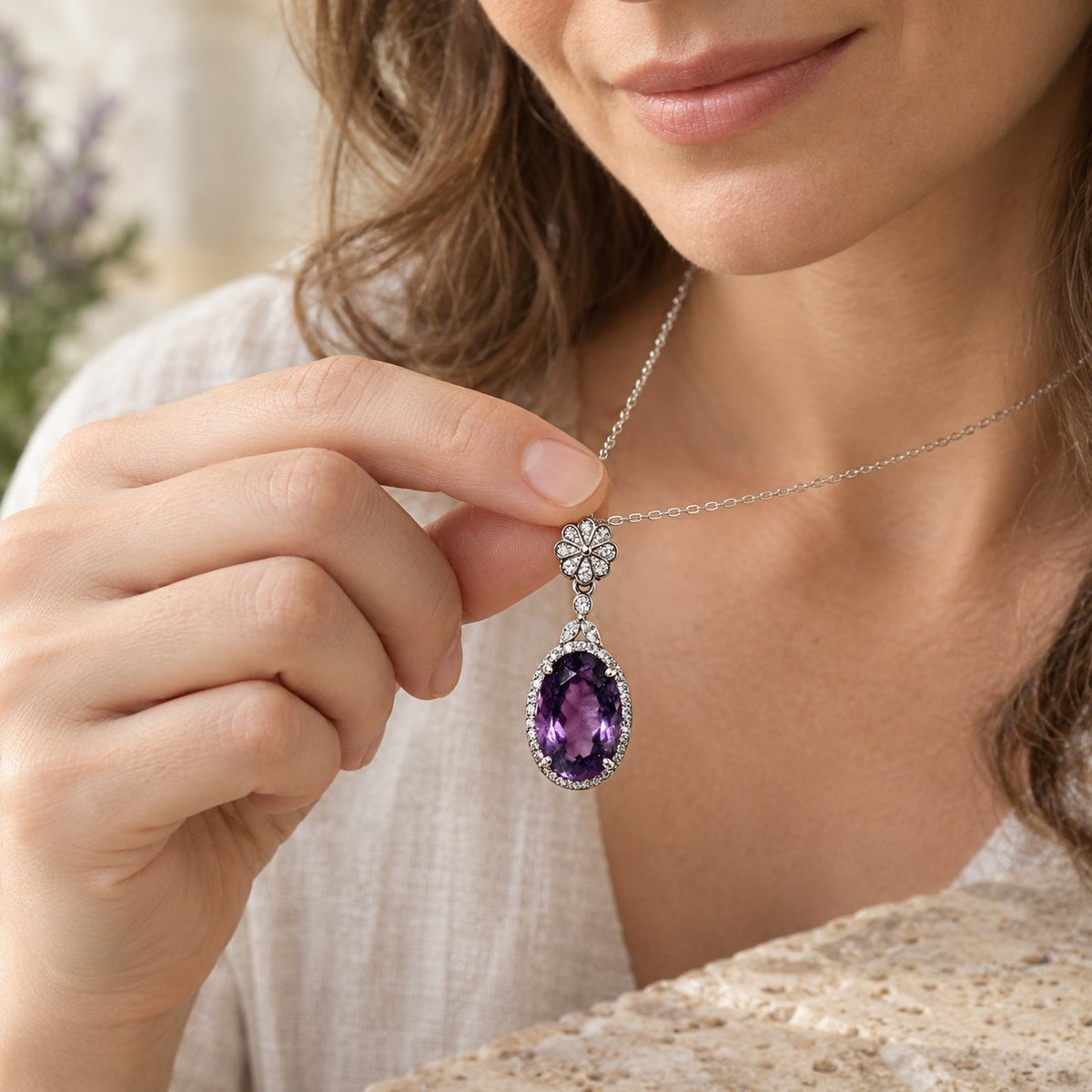 Sterling Silver Amethyst Pendant for Healing & Meditation, held in the hand to show its real size