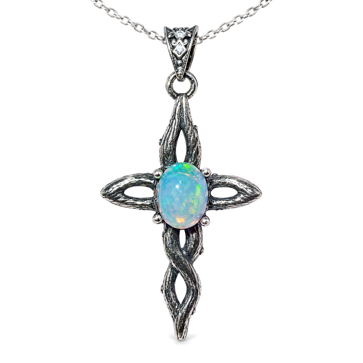 Sterling Silver Amethyst Pendant for Healing & Meditation, Natural Opal, on a white background