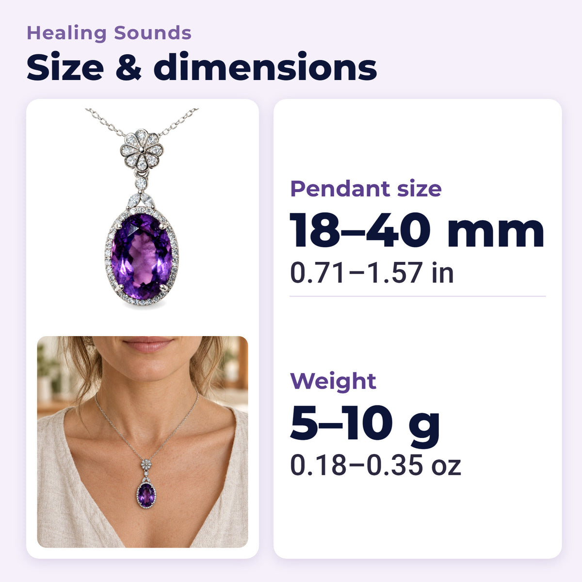 Sterling Silver Amethyst Pendant for Healing & Meditation, size and dimensions in millimetres and inches