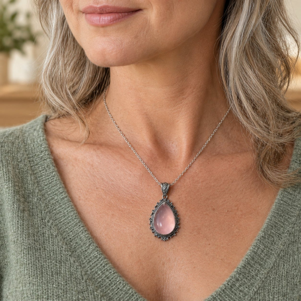 Sterling Silver Amethyst Pendant for Healing & Meditation, worn by a woman
