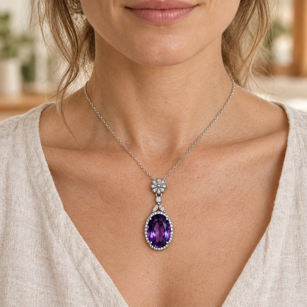 Sterling Silver Amethyst Pendant for Healing & Meditation, worn on the neck by a woman
