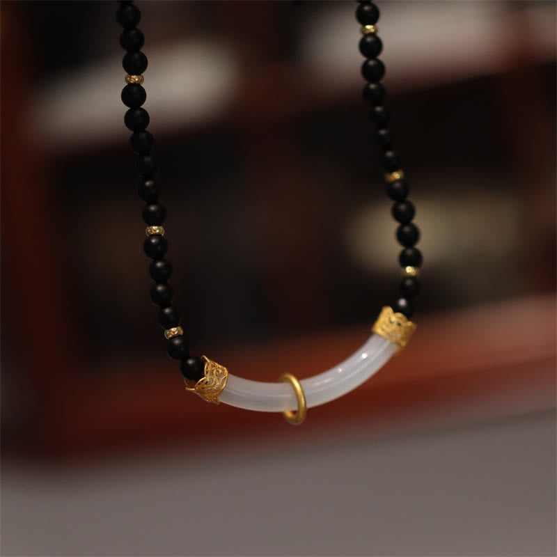 Collier de protection en argent sterling, onyx noir et calcédoine